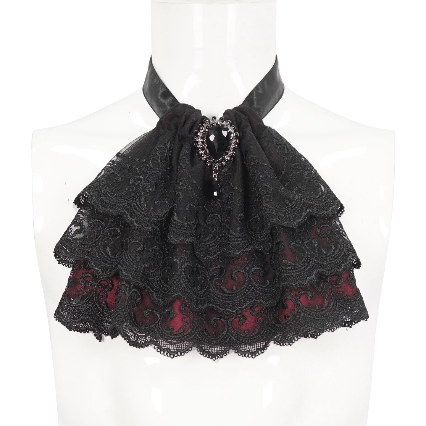Devil Fashion AS144 burgundy black gothic jabot on a mannequin showcasing the clean front view layout.