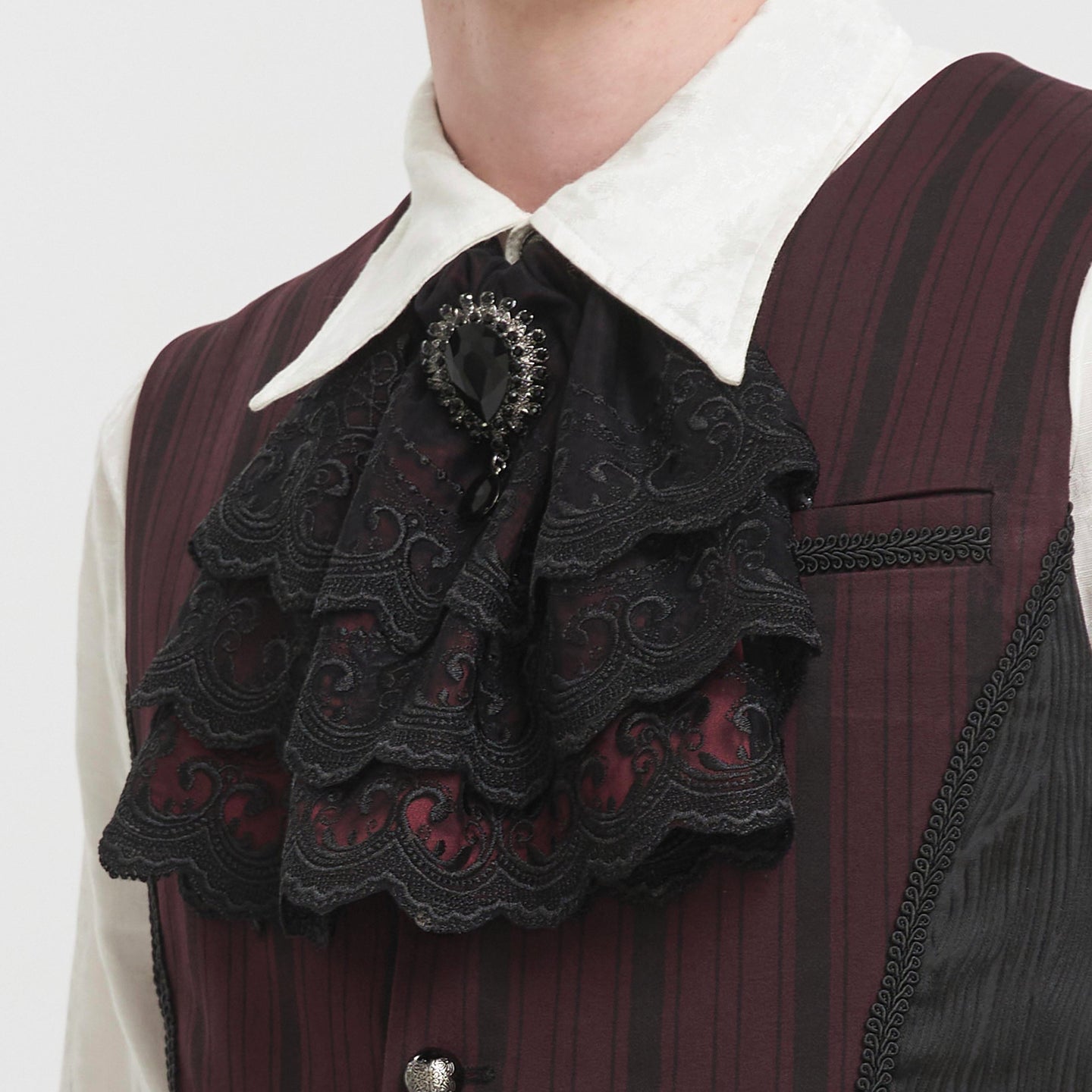 Devil Fashion AS144 burgundy black gothic jabot front view showcasing the layered victorian embroidered lace.
