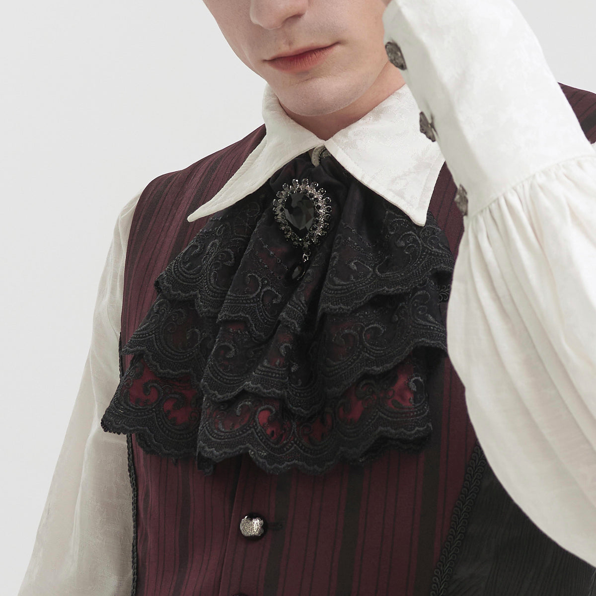 Devil Fashion AS144 burgundy black gothic jabot front view layered over a white shirt and waistcoat vest.