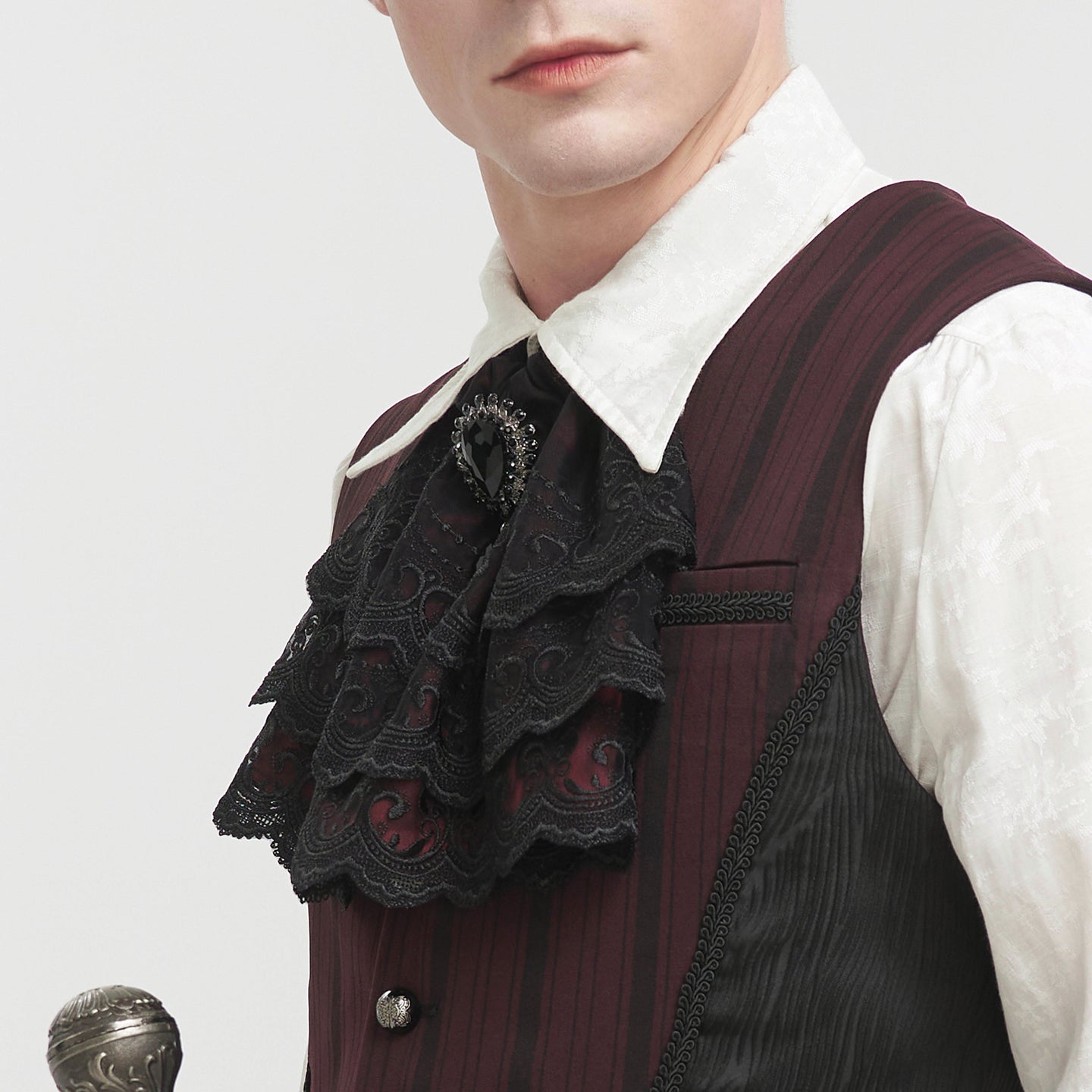 Devil Fashion AS144 burgundy black gothic jabot front view showcasing a classic romantic alternative style.