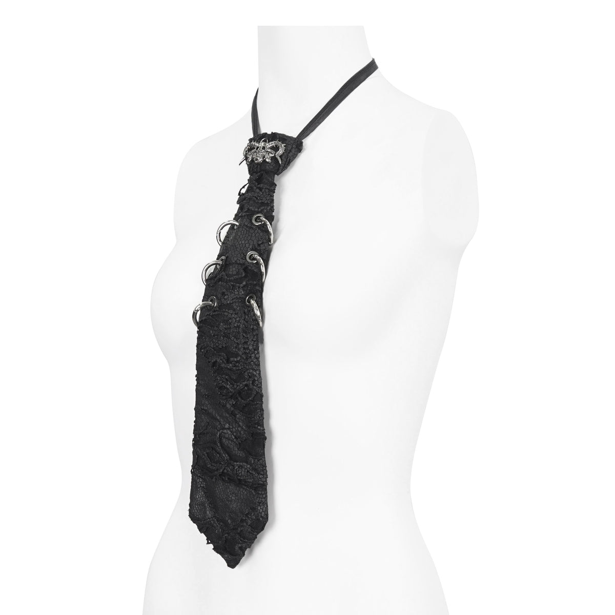 Devil Fashion AS148 womens black dark punk tie on a mannequin side view displaying the adjustable neck strap.