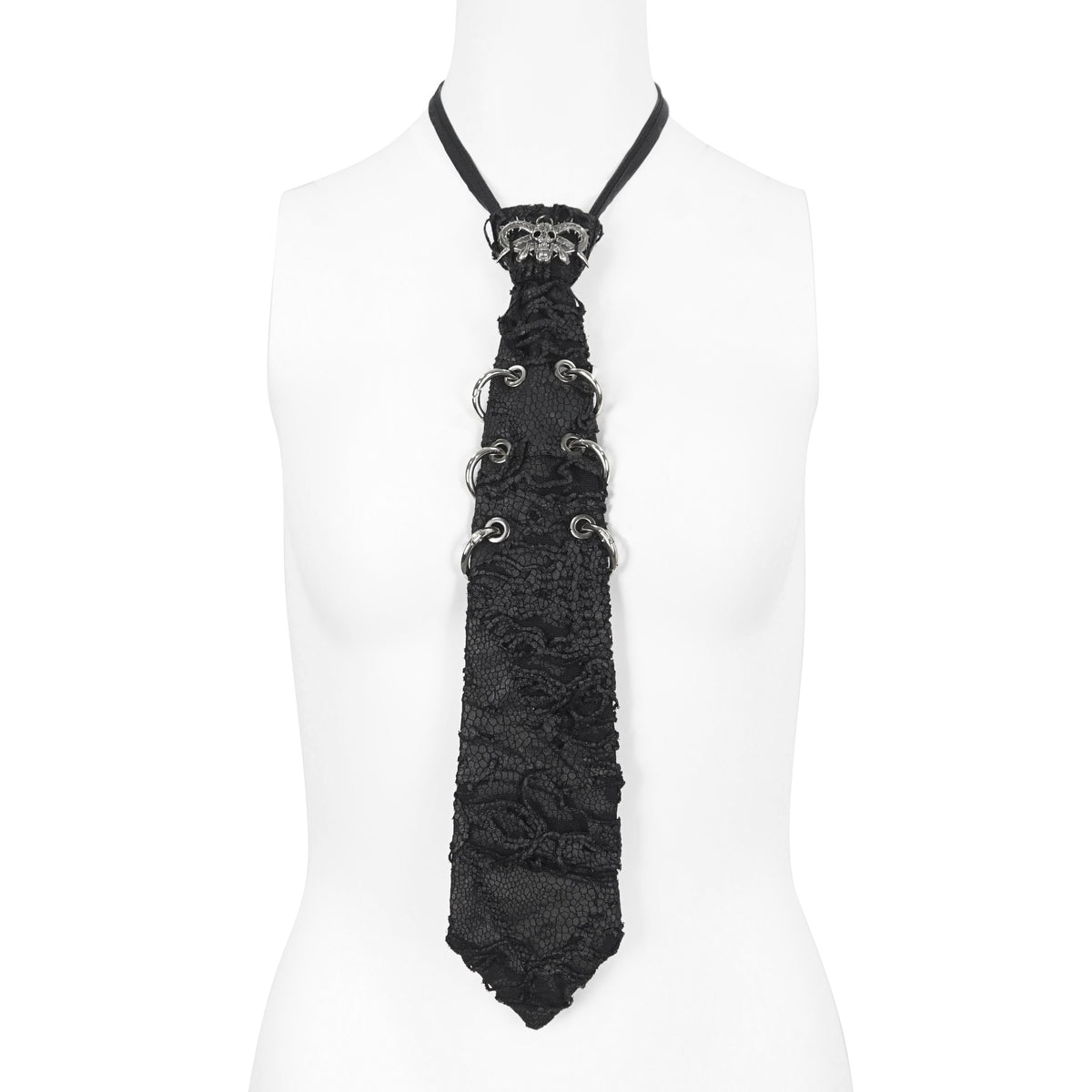 Devil Fashion AS148 womens black dark punk tie on a mannequin showing clear front view.