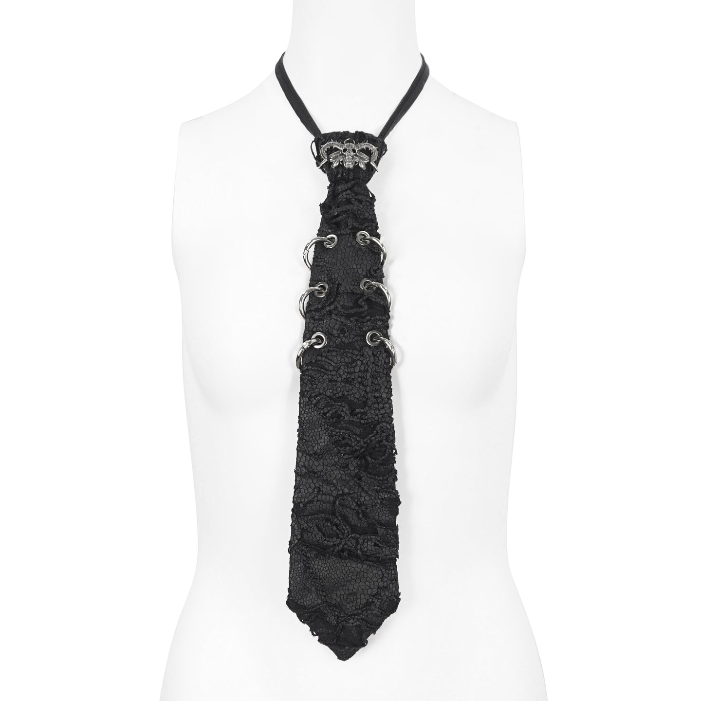 Devil Fashion AS148 womens black dark punk tie on a mannequin showing clear front view.