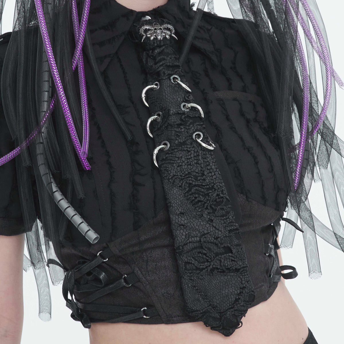 Devil Fashion AS148 womens black dark punk tie worn on a ruffled blouse showcasing a victorian gothic style.