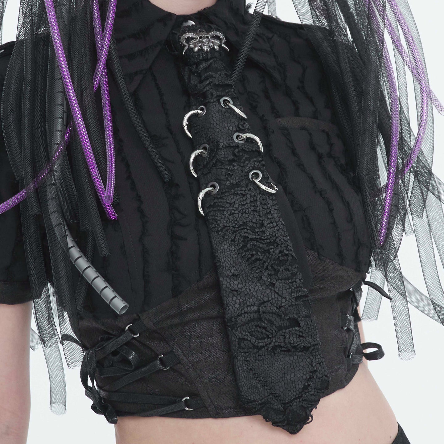 Devil Fashion AS148 womens black dark punk tie worn on a ruffled blouse showcasing a victorian gothic style.