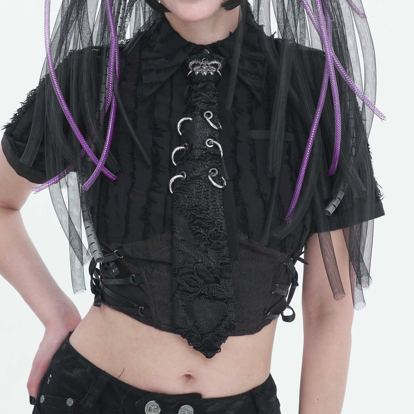 Devil Fashion AS148 womens black dark punk tie on a ruffled blouse showcasing a nu goth look.