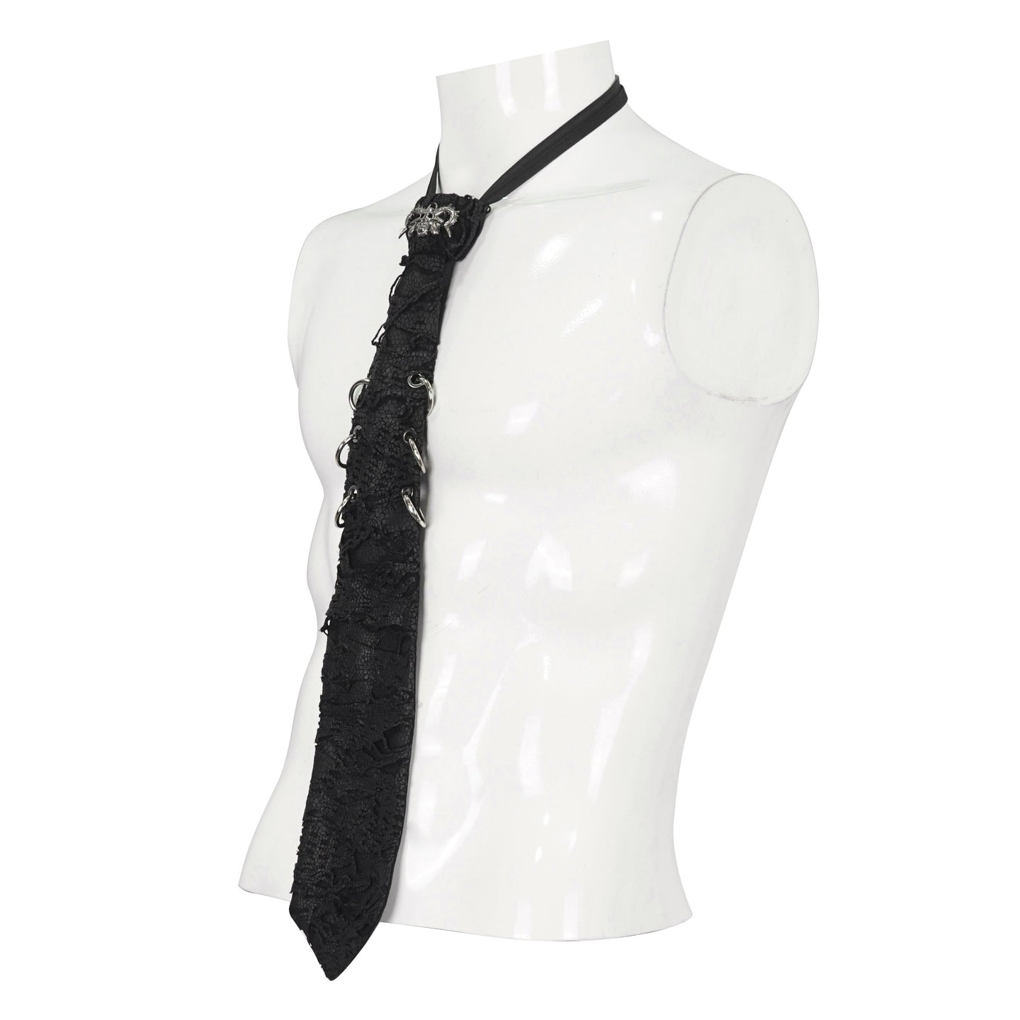 Devil Fashion AS157 mens black dark punk tie on a mannequin side view displaying adjustable neck loop.
