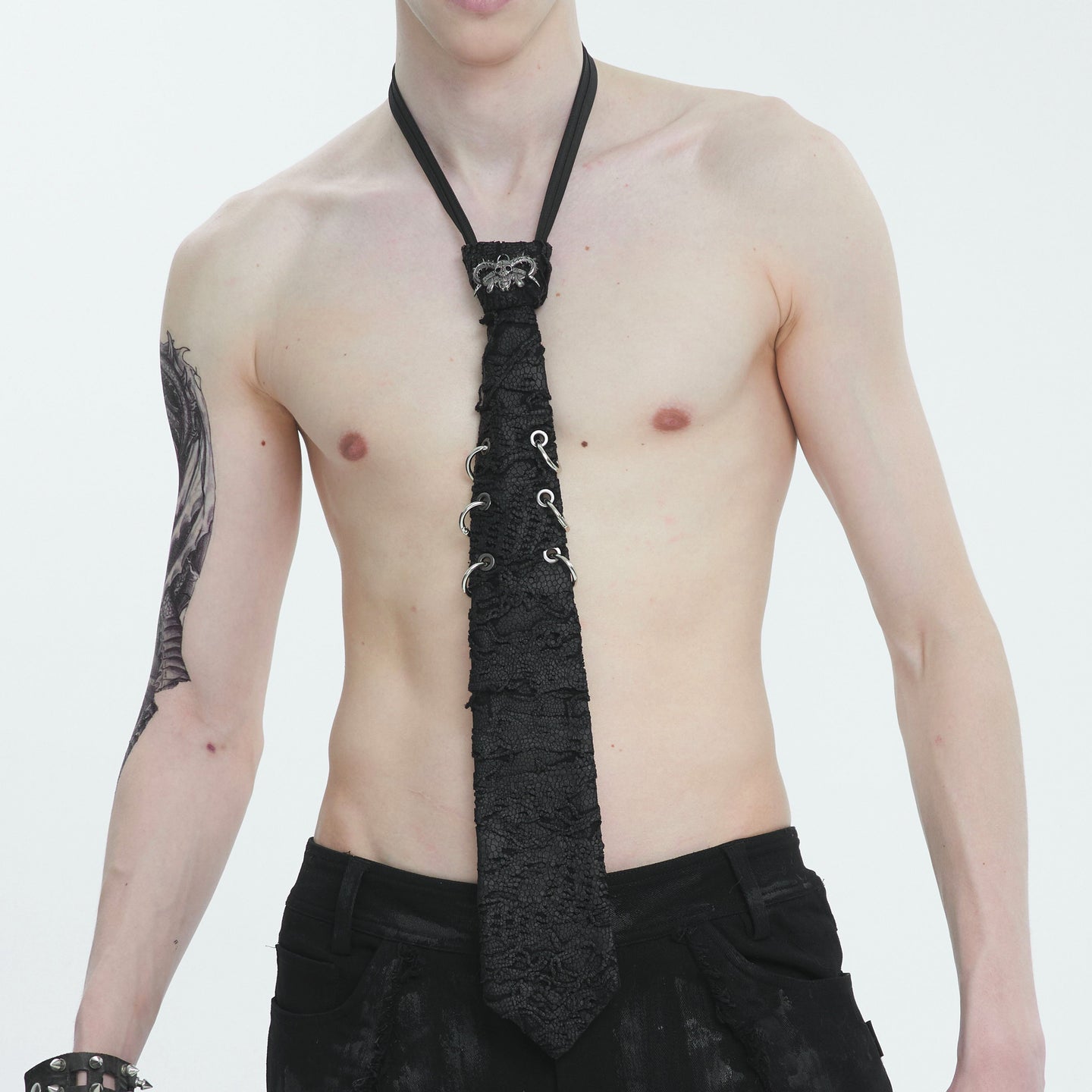 Devil Fashion AS157 mens black punk tie worn on bare chest showcasing a unique alternative nu goth style.