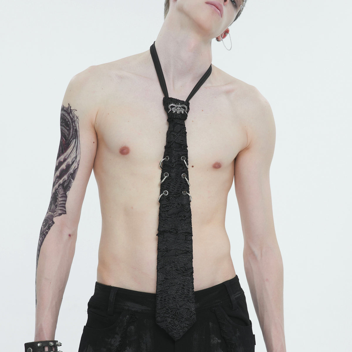 Devil Fashion AS157 mens black dark punk tie on bare torso highlighting the coated scale pattern texture.