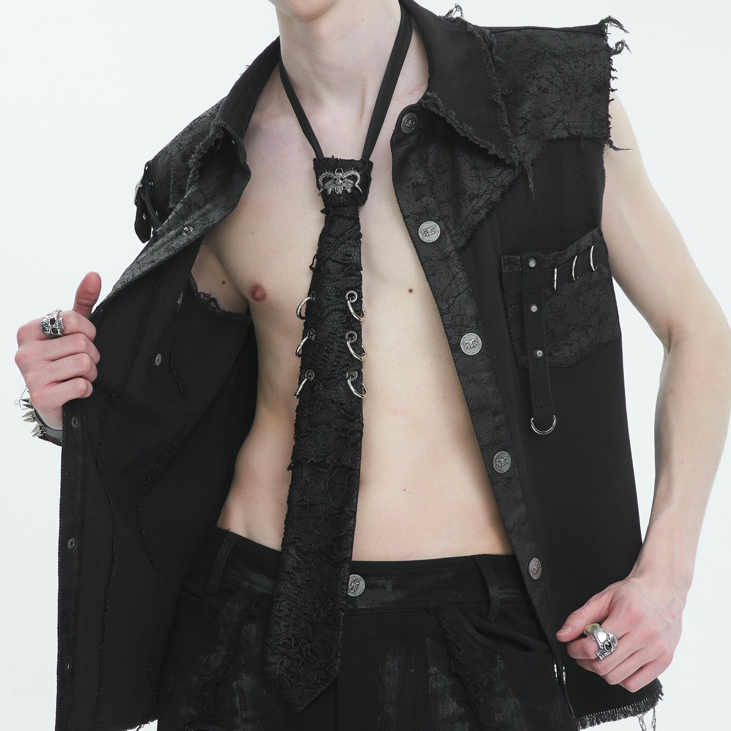 Devil Fashion AS157 mens black dark punk tie layered under a vest showing corporate goth look.