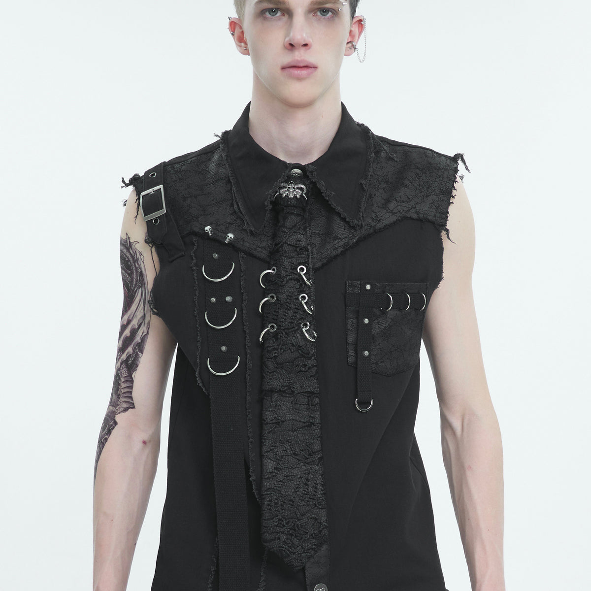 Devil Fashion AS157 mens black dark punk tie combined with an alternative waistcoat vest styling.