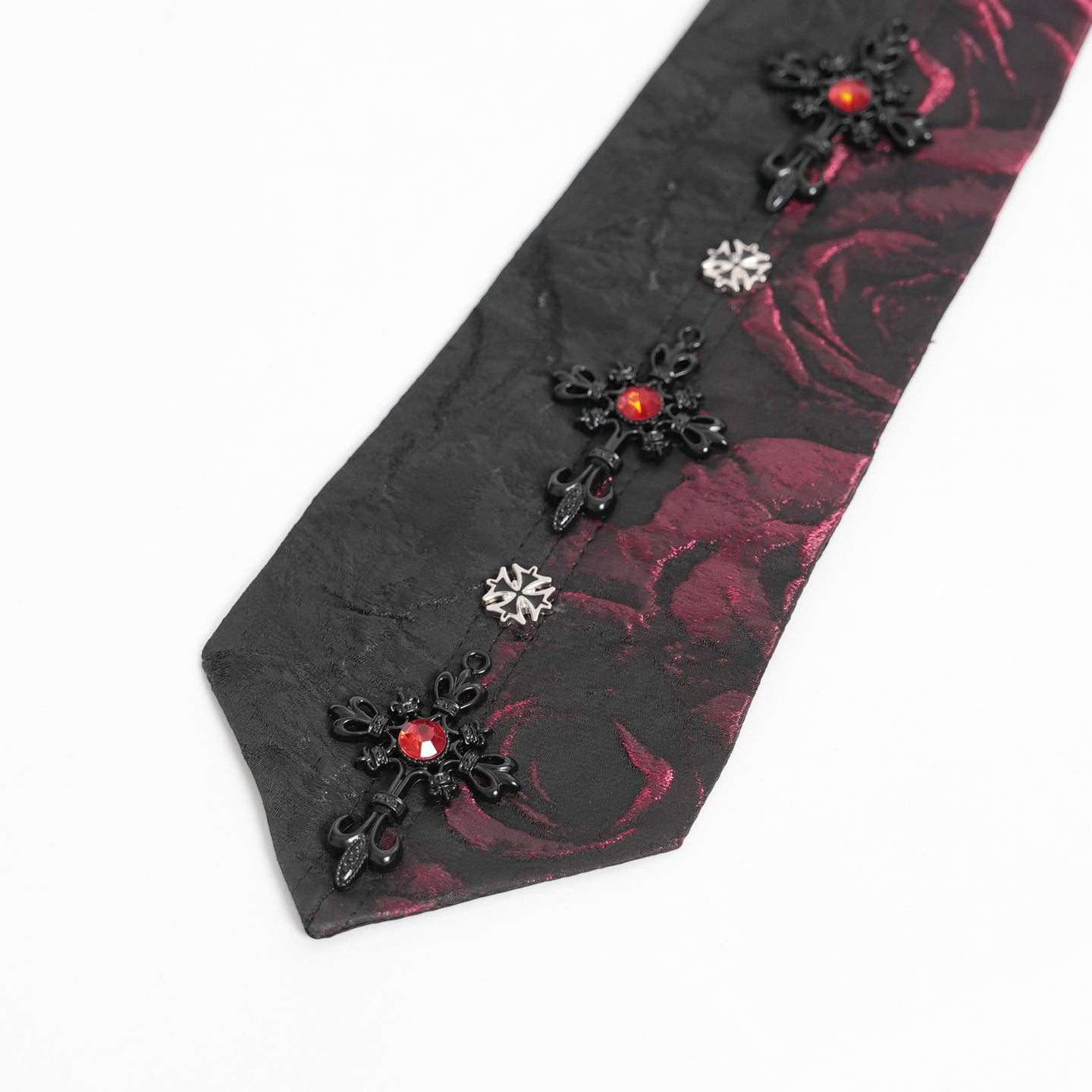 Devil Fashion AS213 gothic necktie close-up view showing three black crosses with a red stone and two small silver crosses.