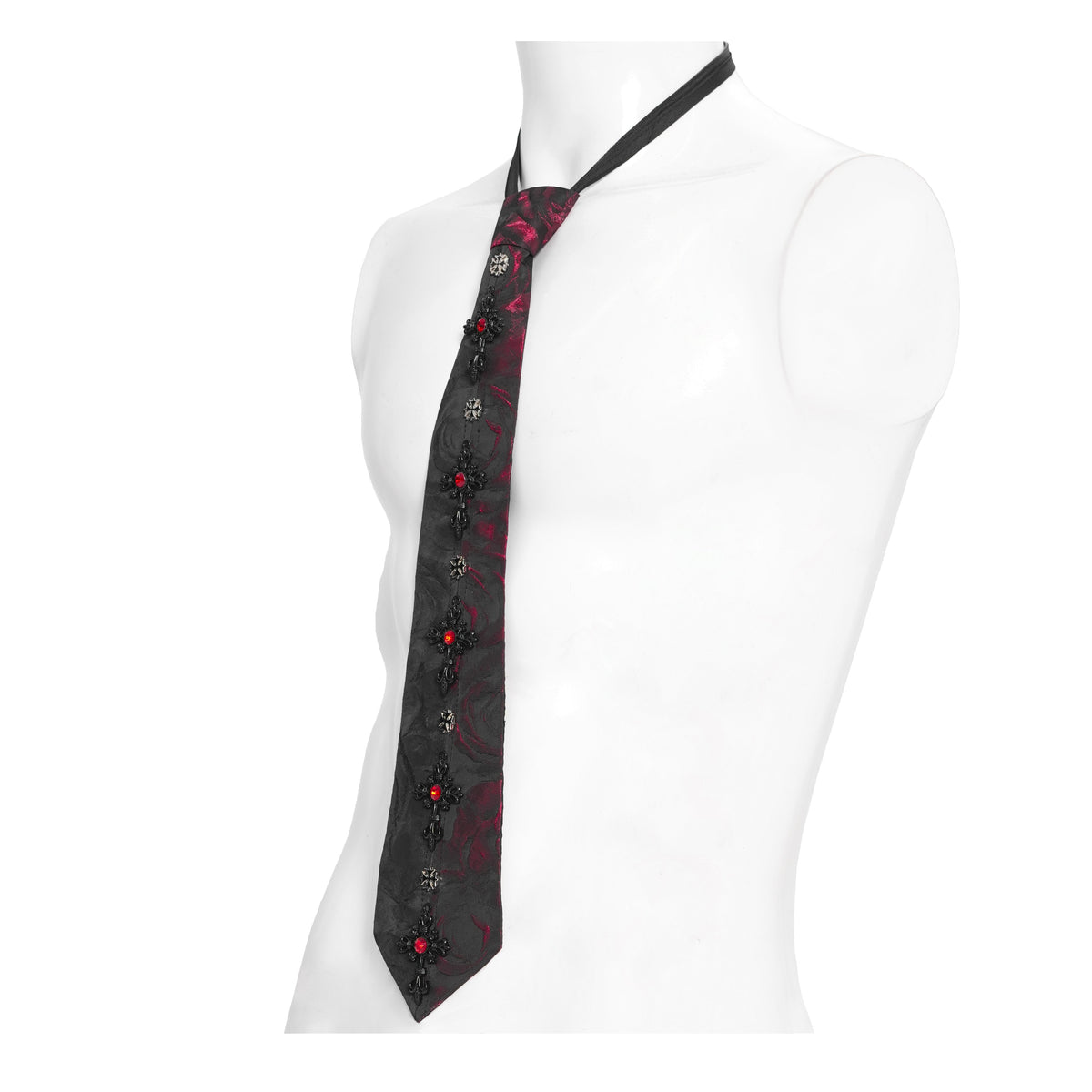 Devil Fashion AS213 black and red gothic necktie side view on mannequin highlighting the textured brocade fabric.