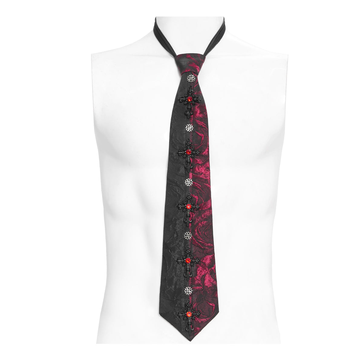 Devil Fashion AS213 black and red gothic necktie front view on mannequin showing the full split design.