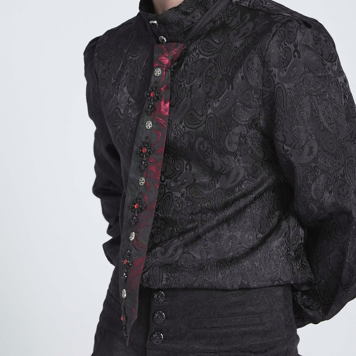 Devil Fashion AS213 romantic gothic necktie in black and red split design side view showing the black crosses.
