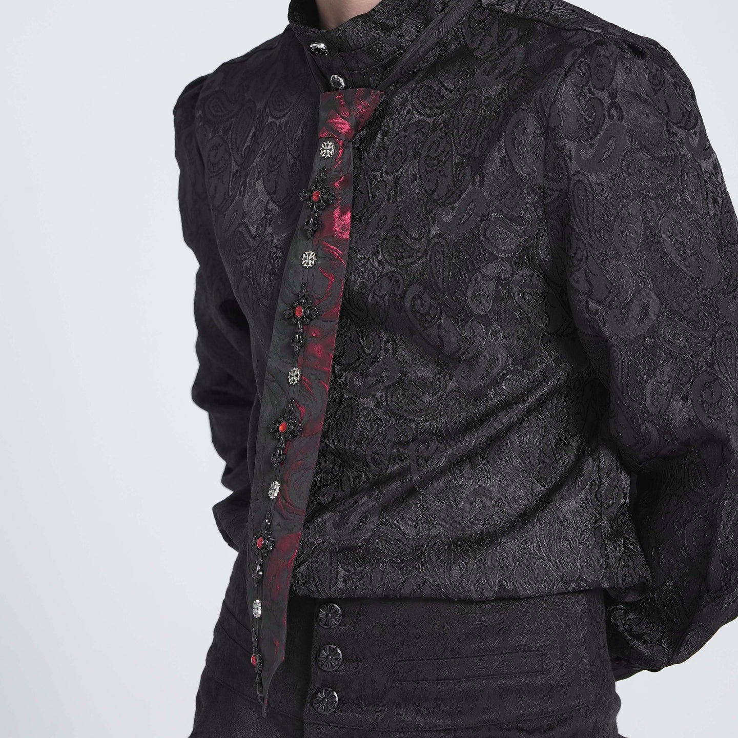 Devil Fashion AS213 romantic gothic necktie in black and red split design side view showing the black crosses.