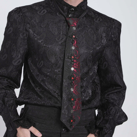 Devil Fashion AS213 romantic gothic necktie in black and red brocade with a woven rose pattern front view.