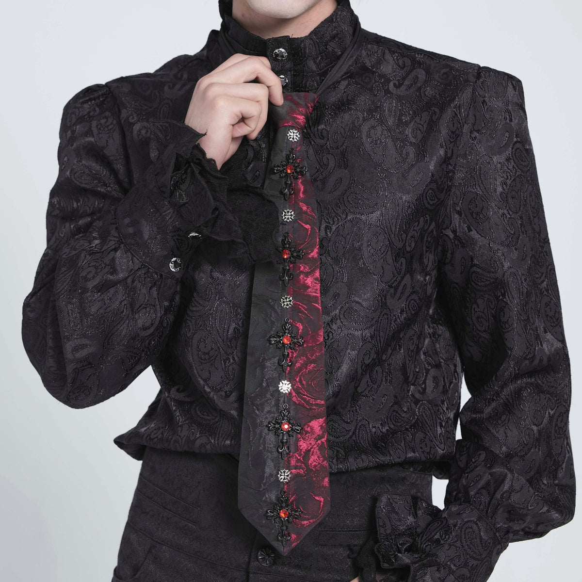 Devil Fashion AS213 romantic gothic necktie in black and red showing the pre-tied knot from front view.