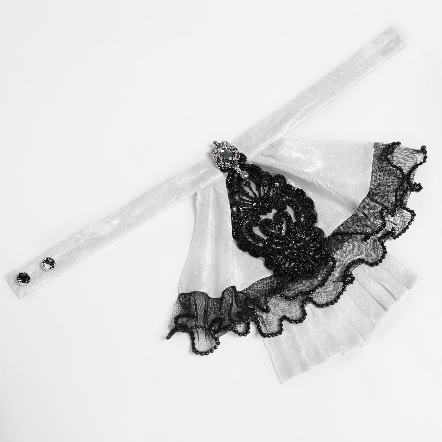 Devil Fashion AS28802 womens white and black Victorian jabot featuring an adjustable neck button closure detail.
