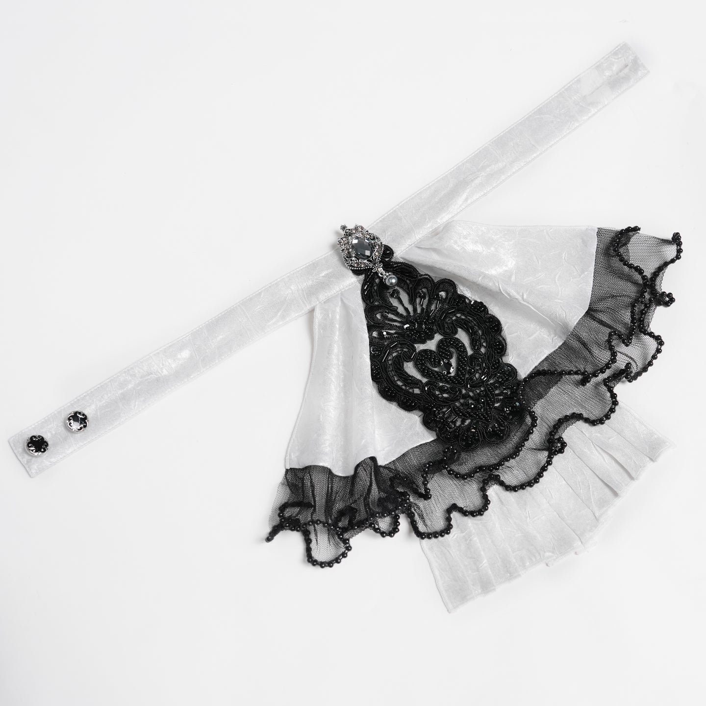 Devil Fashion AS28802 womens white and black Victorian jabot featuring an adjustable neck button closure detail.