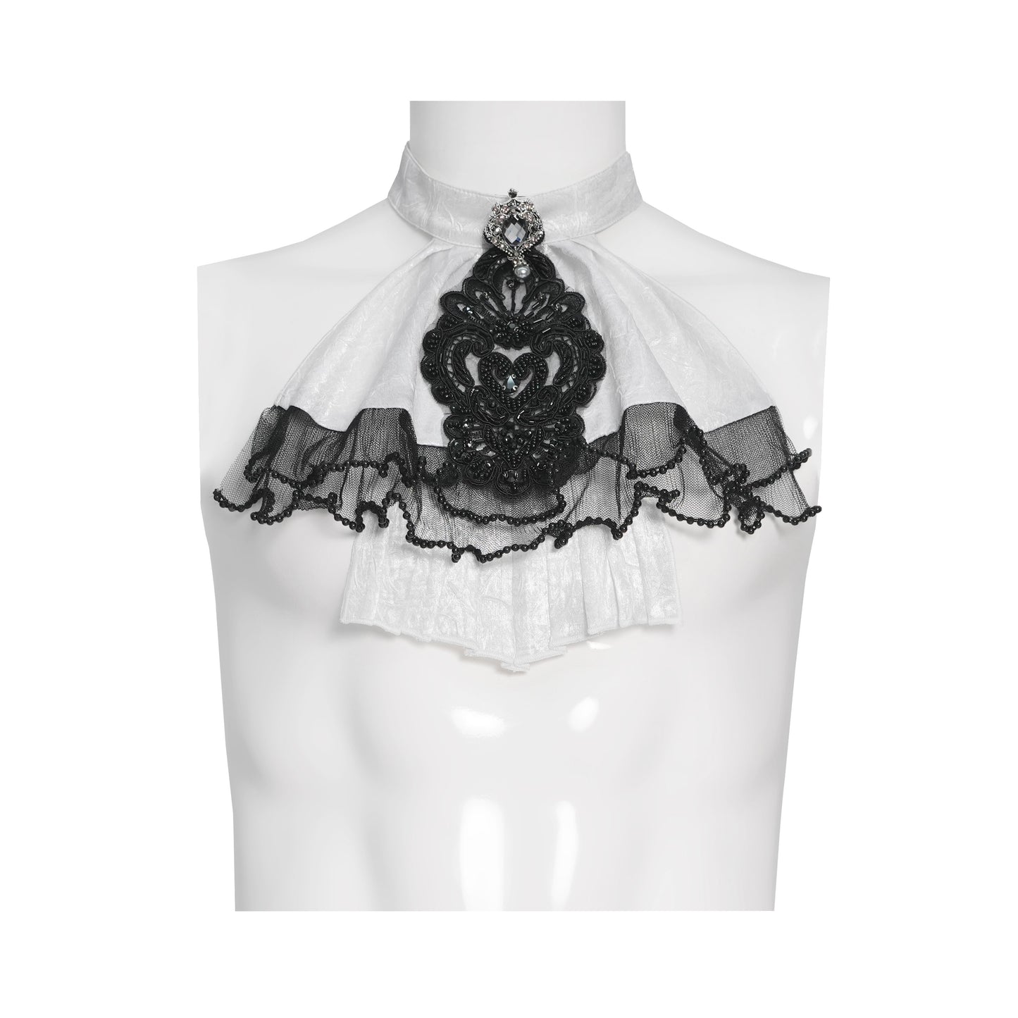 Devil Fashion AS28802 womens white and black Romantic Gothic style jabot on a mannequin focusing on ruffled layers.