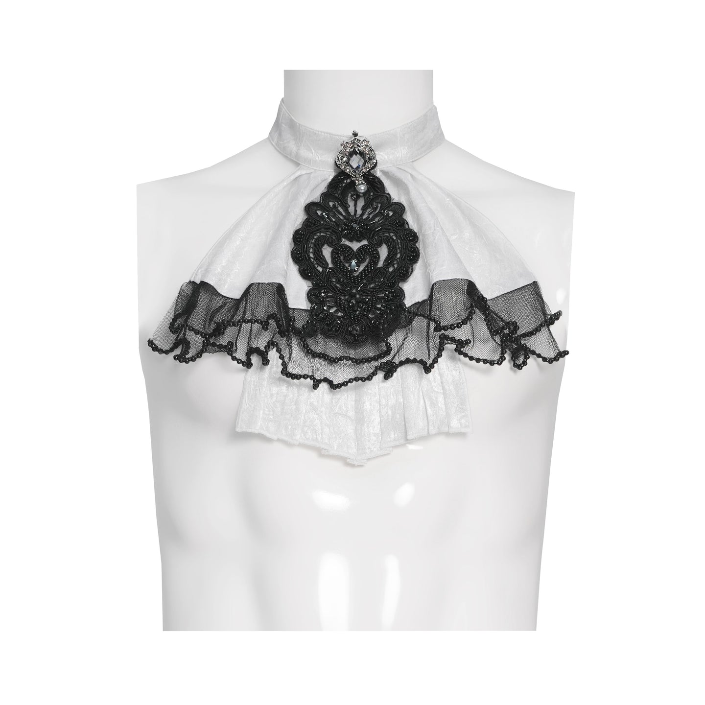 Devil Fashion AS28802 womens white and black Romantic Gothic style jabot on a mannequin focusing on ruffled layers.