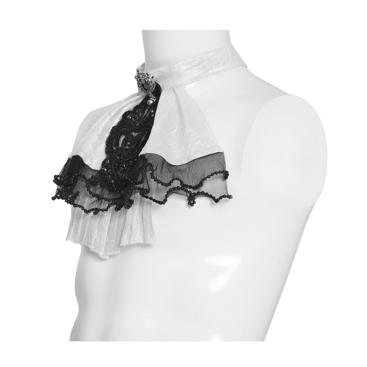 Devil Fashion AS28802 womens white and black Romantic Gothic style jabot on a mannequin focusing on the side silhouette.