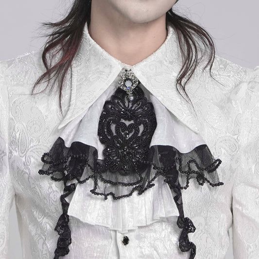 Devil Fashion AS28802 womens white and black Victorian Romantic Gothic style jabot worn by a model in a front view.