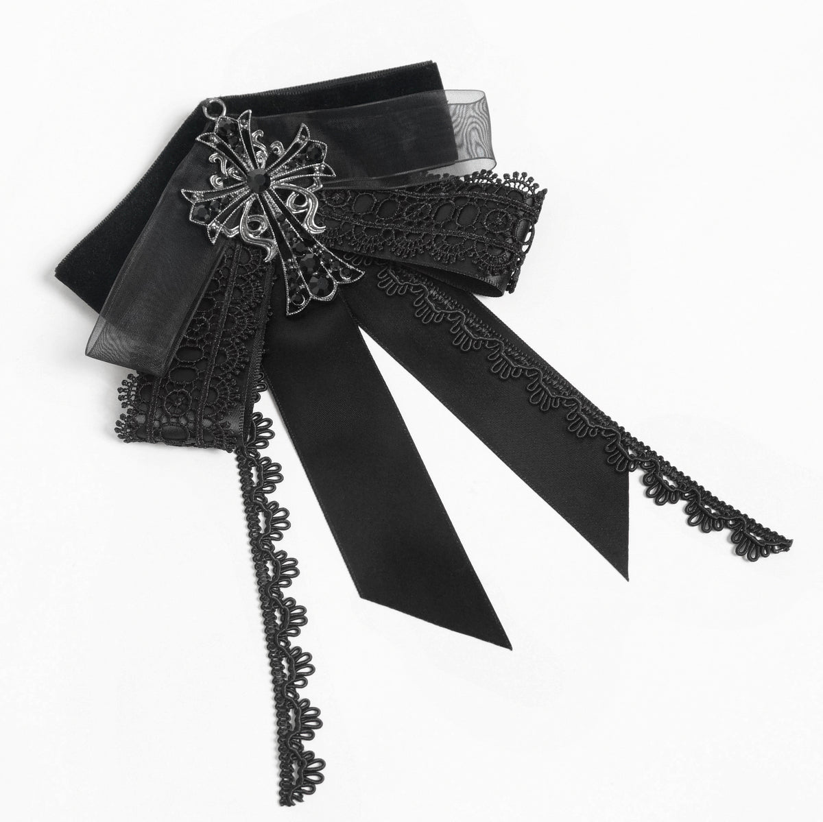 Devil Fashion AS29601 black victorian gothic jabot with long hanging satin ribbons and fine lace trim.