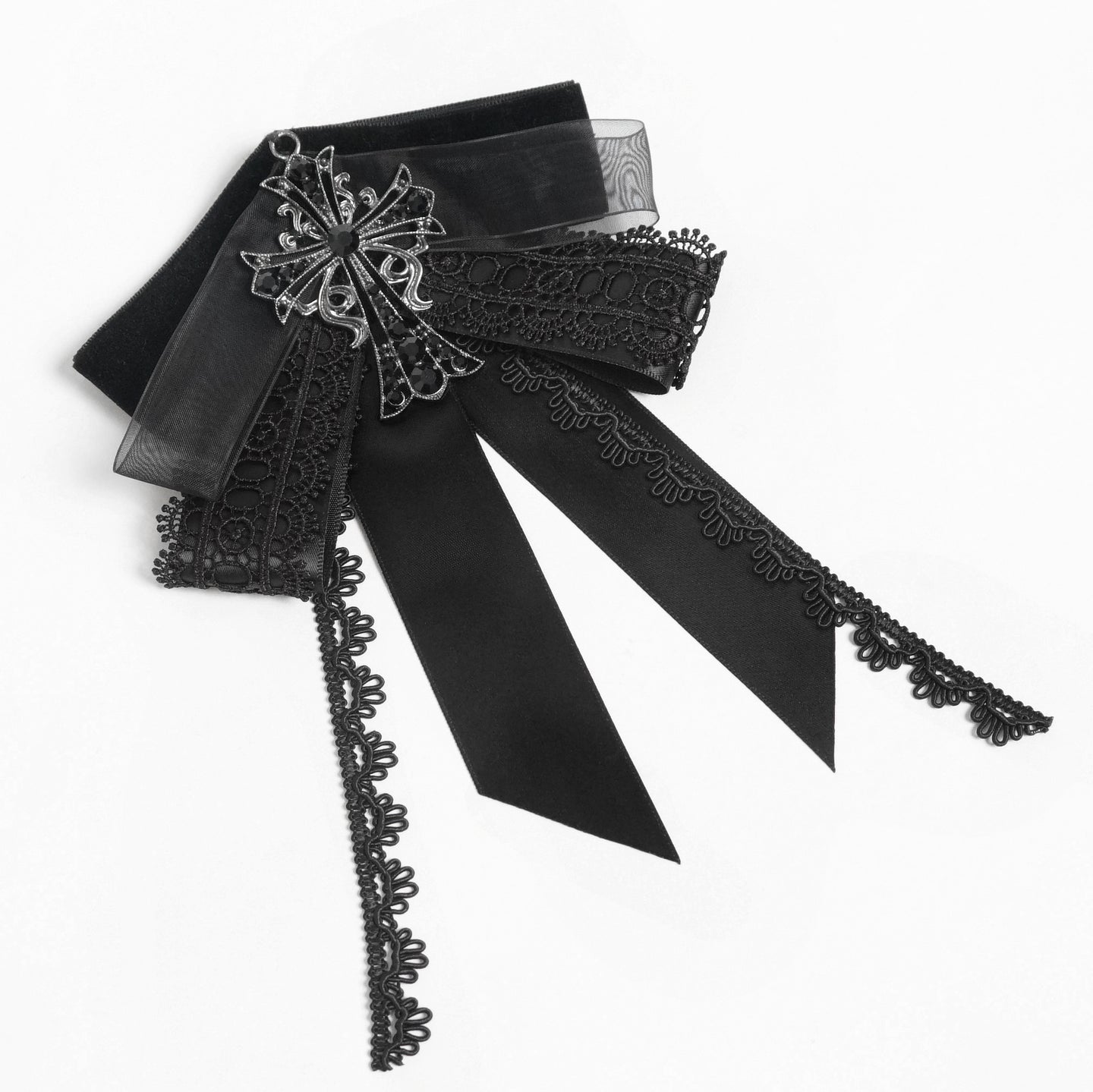 Devil Fashion AS29601 black victorian gothic jabot with long hanging satin ribbons and fine lace trim.