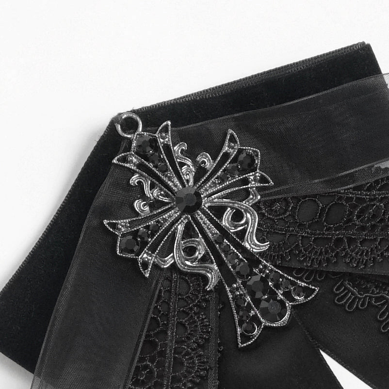 Devil Fashion AS29601 black gothic jabot focusing on the large metal cross hanger with shiny stones.