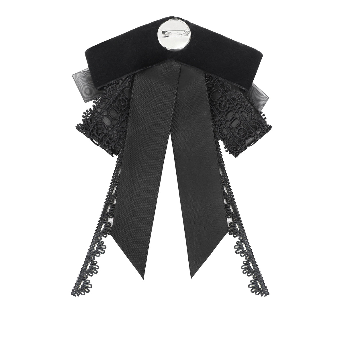 Devil Fashion AS29601 black gothic jabot focusing on the practical pin fastening on the back.