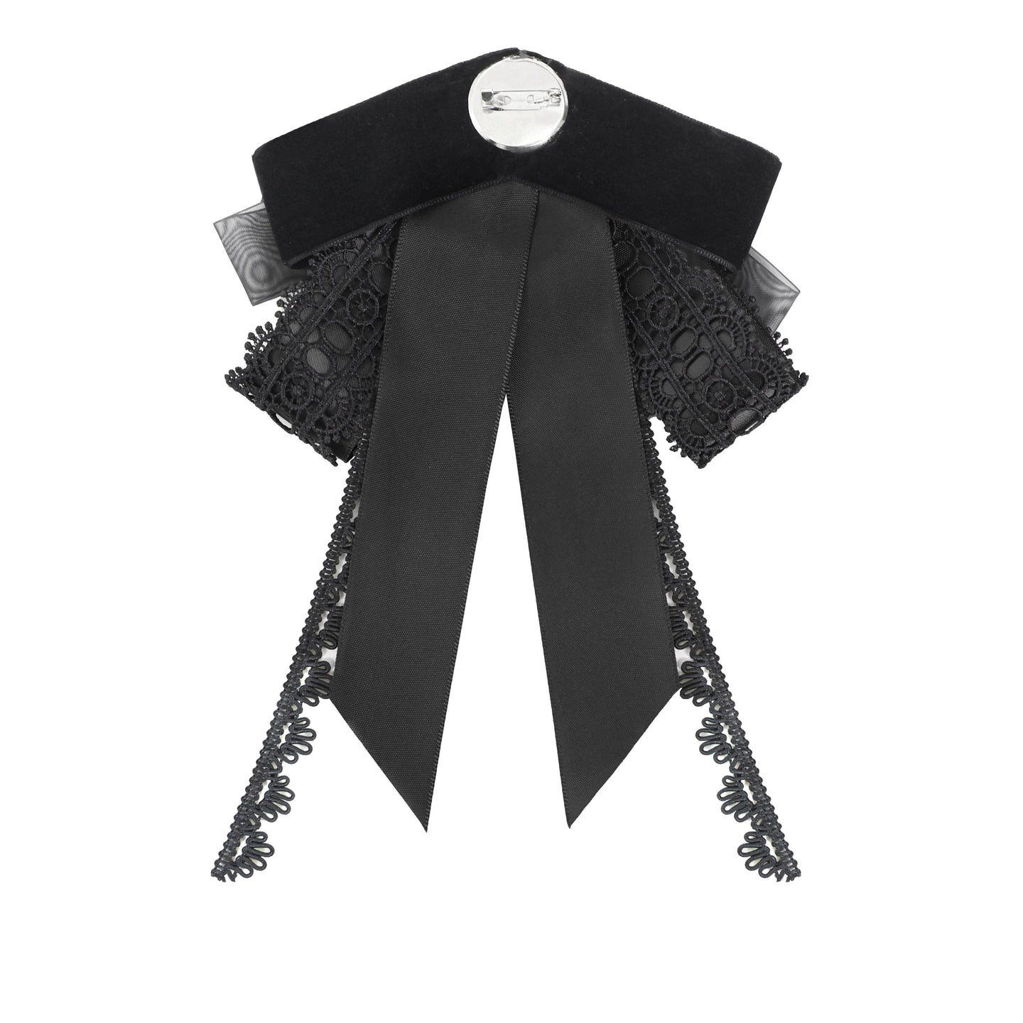 Devil Fashion AS29601 black gothic jabot focusing on the practical pin fastening on the back.
