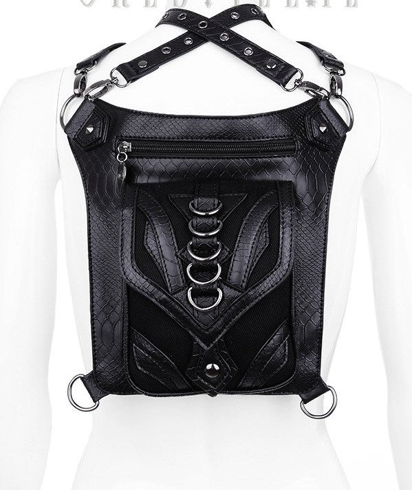 Restyle Dragon Holster Bag black gothic waistbag front view focusing on the geometric metal details.