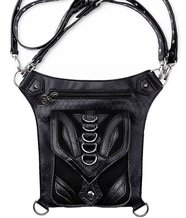 Restyle Dragon Holster Bag black gothic thigh purse front view with textured faux leather dragon scales.
