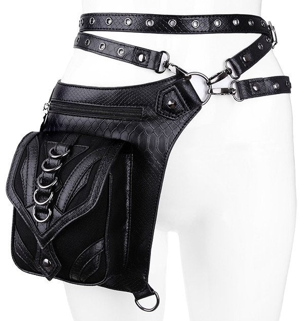 Restyle Dragon Holster Bag black gothic faux leather thigh bag with dragon scale texture and silver D-rings.