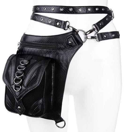 Restyle Dragon Holster Bag black gothic faux leather thigh bag with dragon scale texture and silver D-rings.