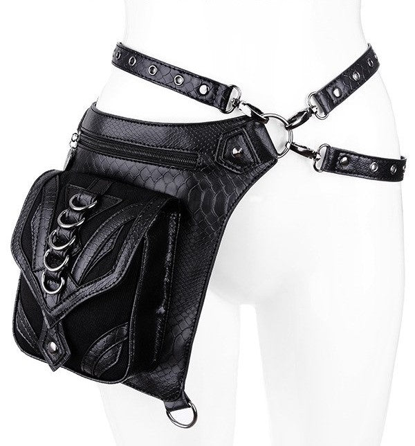 Restyle Dragon Holster Bag black gothic thigh bag side view showing adjustable strap with metal eyelets.