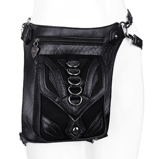 Restyle Dragon Holster Bag black gothic faux leather purse front view with textured scale pattern.