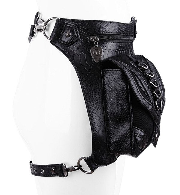Restyle Dragon Holster Bag black gothic waistbag side view highlighting the textured faux leather dragon scales.