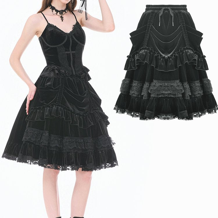 Dark in Love KW454 black gothic midi skirt showing front and side view with draped velvet and ruffles.