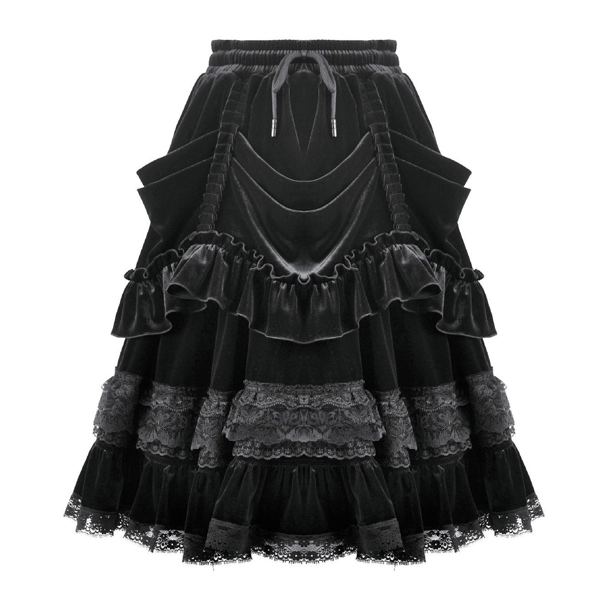 Dark in Love KW454 black midi skirt showing front view with draped panels and layered ruffles.