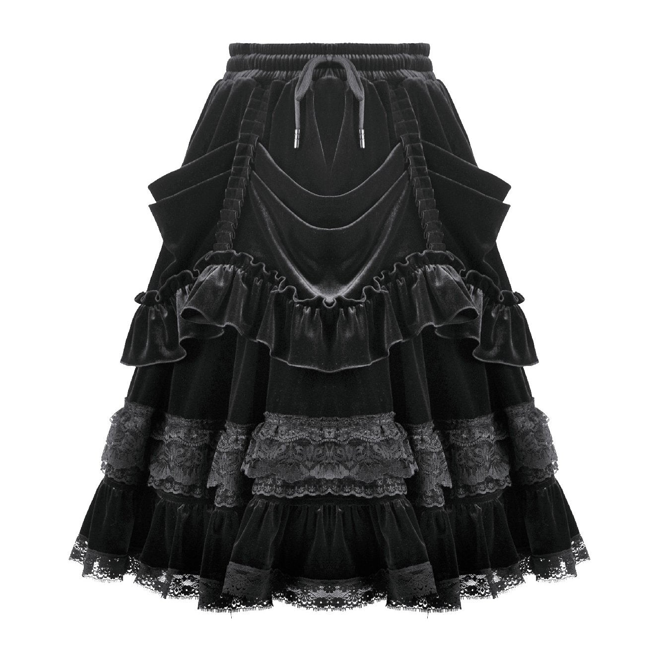 Dark in Love KW454 black midi skirt showing front view with draped panels and layered ruffles.