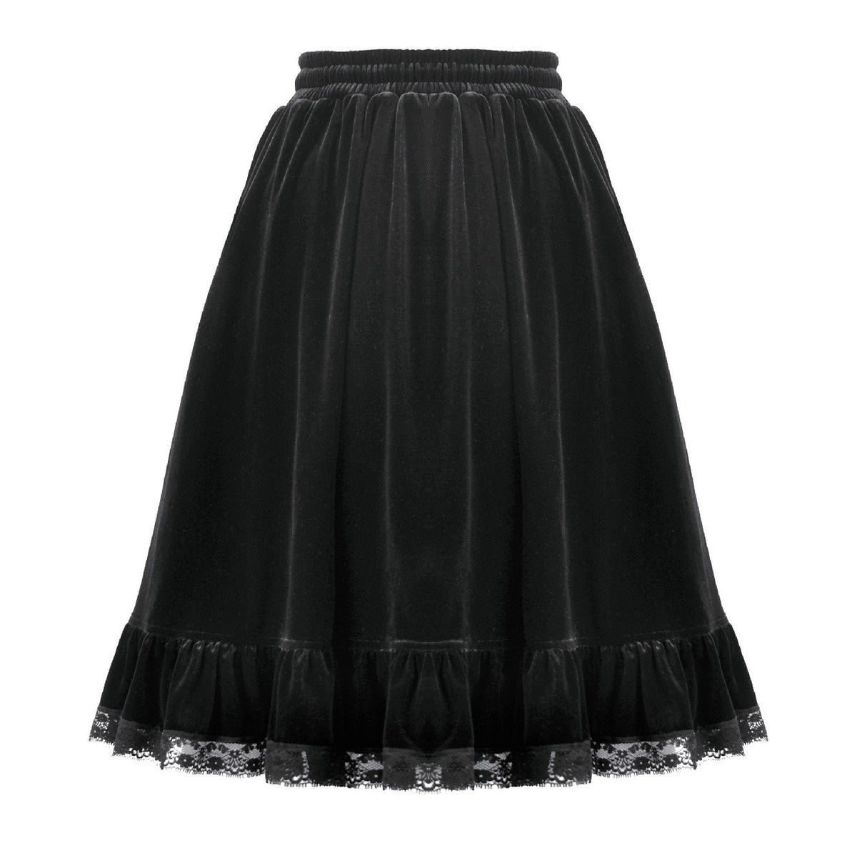 Dark in Love KW454 black midi skirt showing back view with wide hem and lace trim.