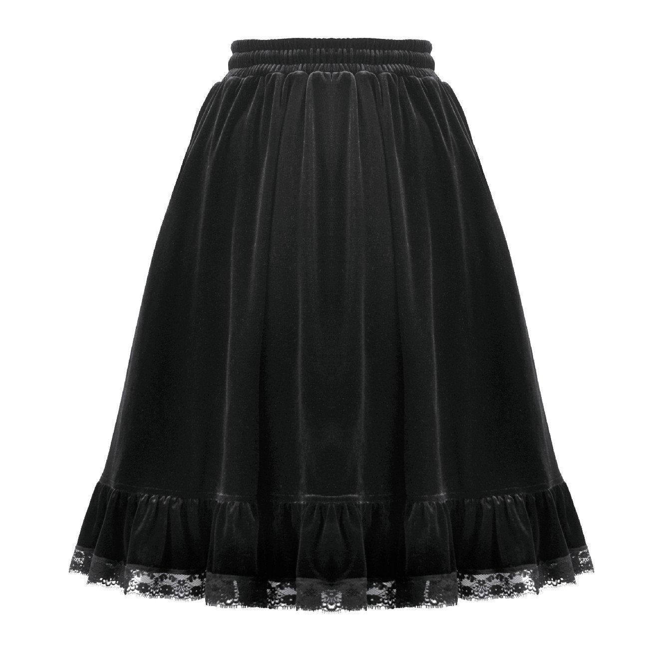 Dark in Love KW454 black midi skirt showing back view with wide hem and lace trim.