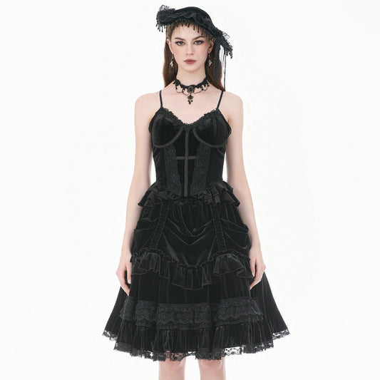 Dark in Love KW454 black midi skirt in gothic Lolita style paired with a matching top.