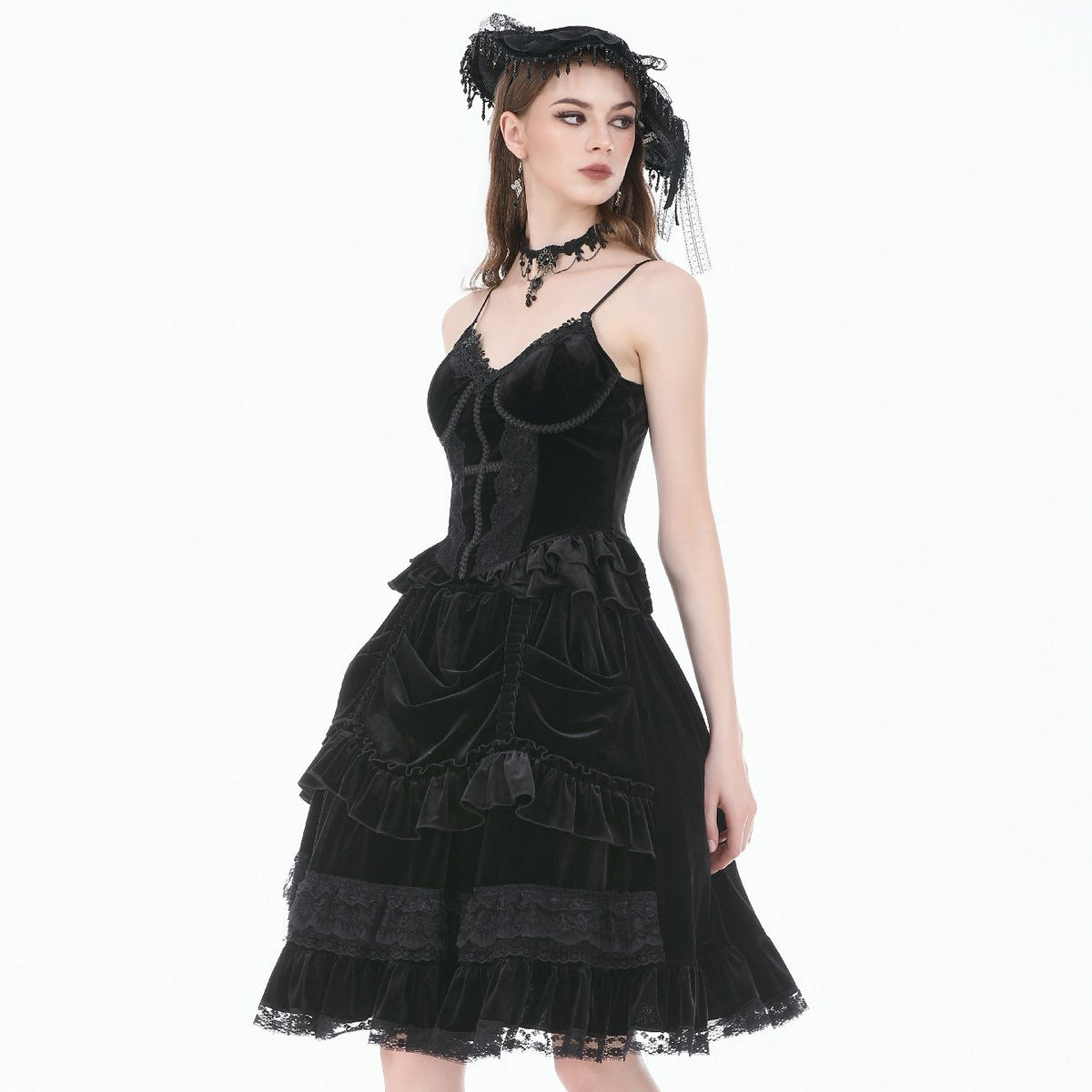 Dark in Love KW454 draped black A-line midi skirt in side view paired with a matching top.