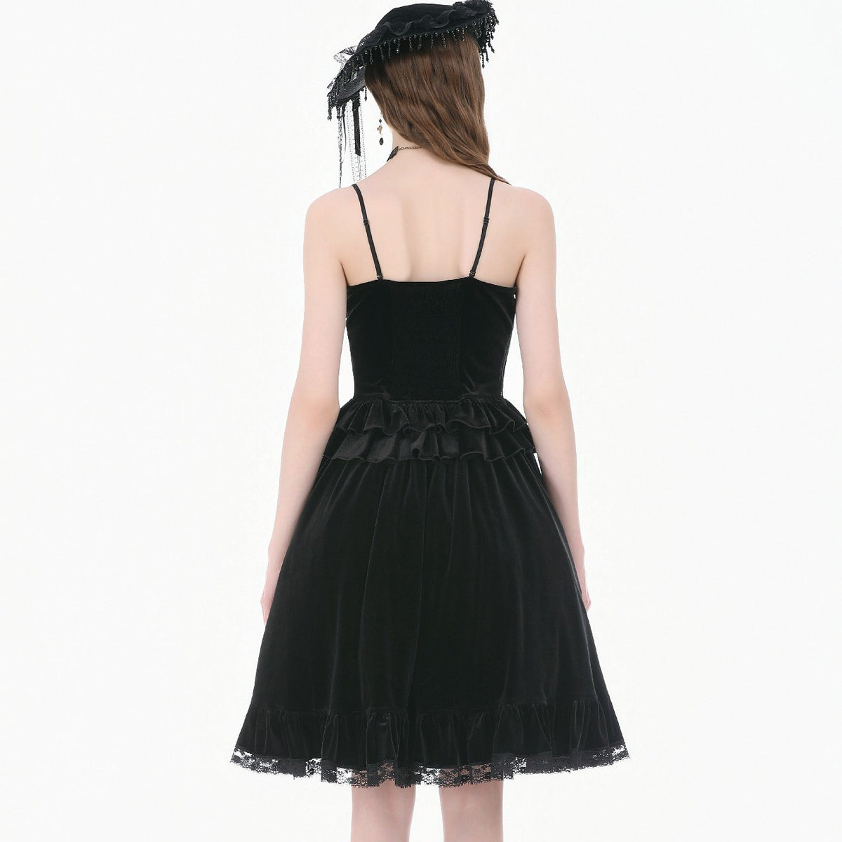 Dark in Love KW454 smooth black velvet midi skirt showing back view with lace trim.