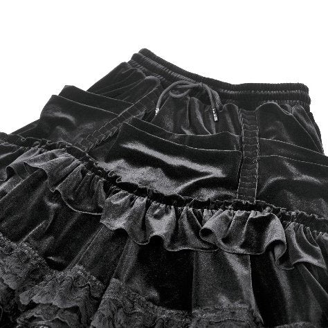 Dark in Love KW454 black velvet detail with draped panels plus lace and ruffles.