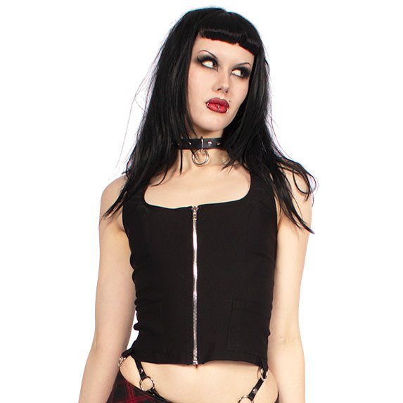Lip Service LS-245 punk and industrial corset top in black showing a front view with a zipper.
